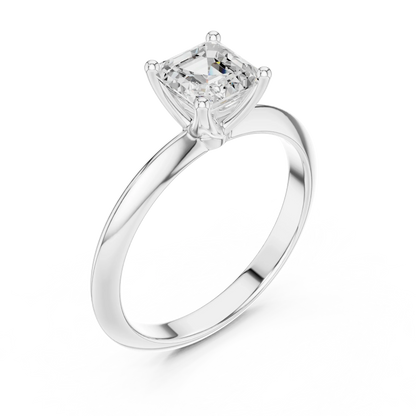 Front view of white gold Asscher cut diamond solitaire ring, showcasing center stone