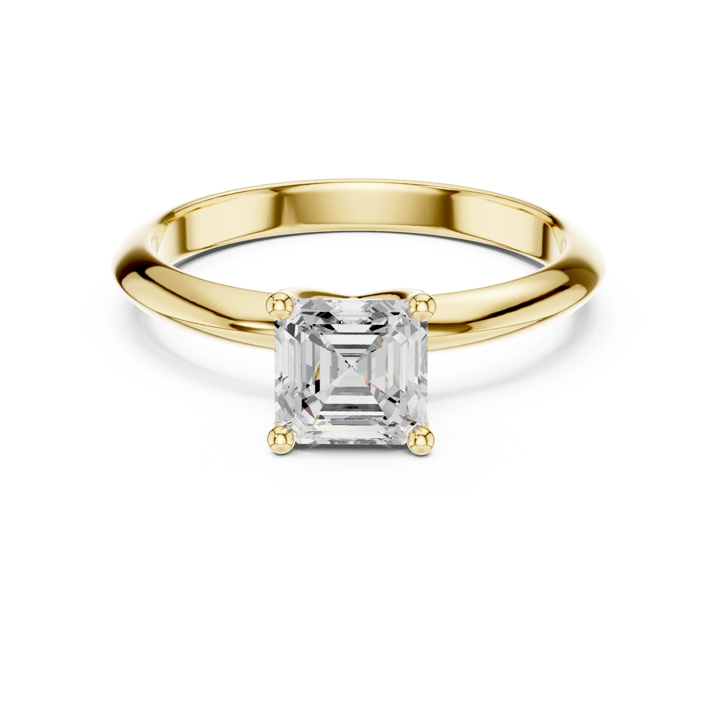 Lab-grown Asscher cut diamond solitaire ring in yellow gold, classic top view