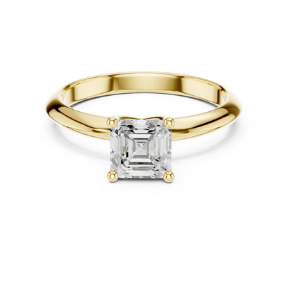 Lab-grown Asscher cut diamond solitaire ring in yellow gold, classic top view
