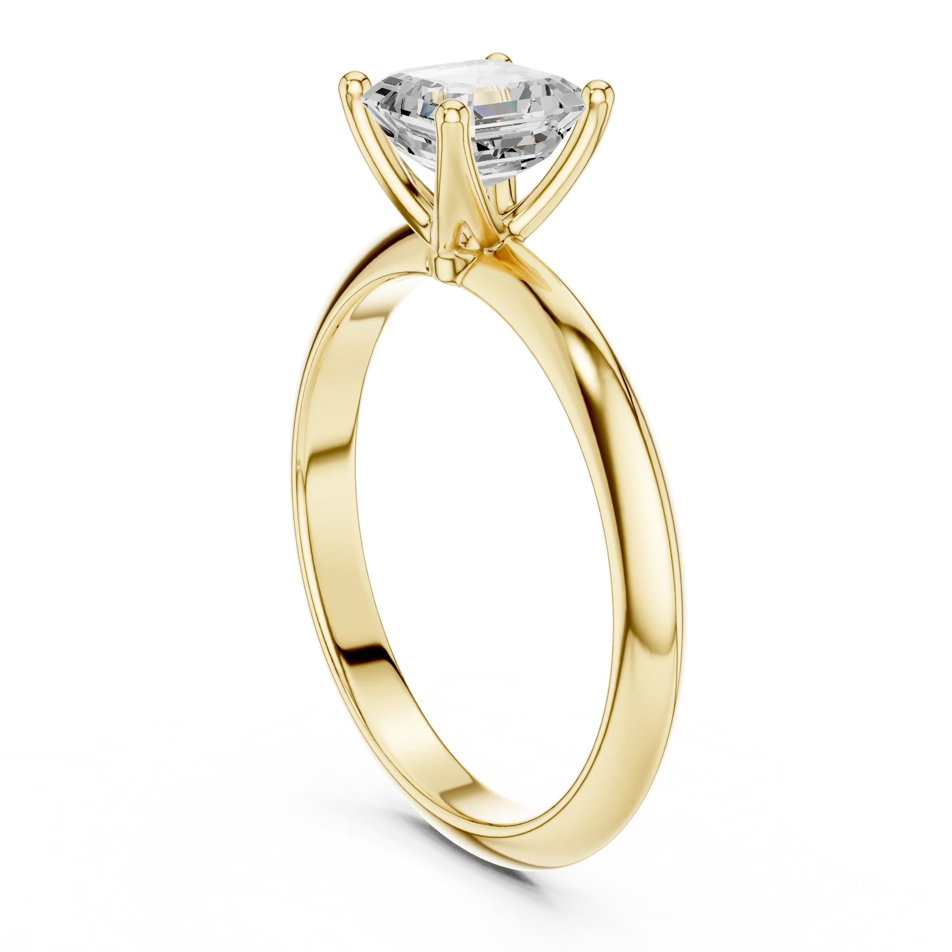 Back side view of yellow gold Asscher diamond solitaire ring, showing band structure.