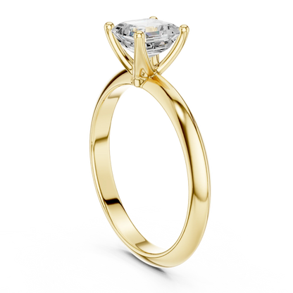 Back side view of yellow gold Asscher diamond solitaire ring, showing band structure.