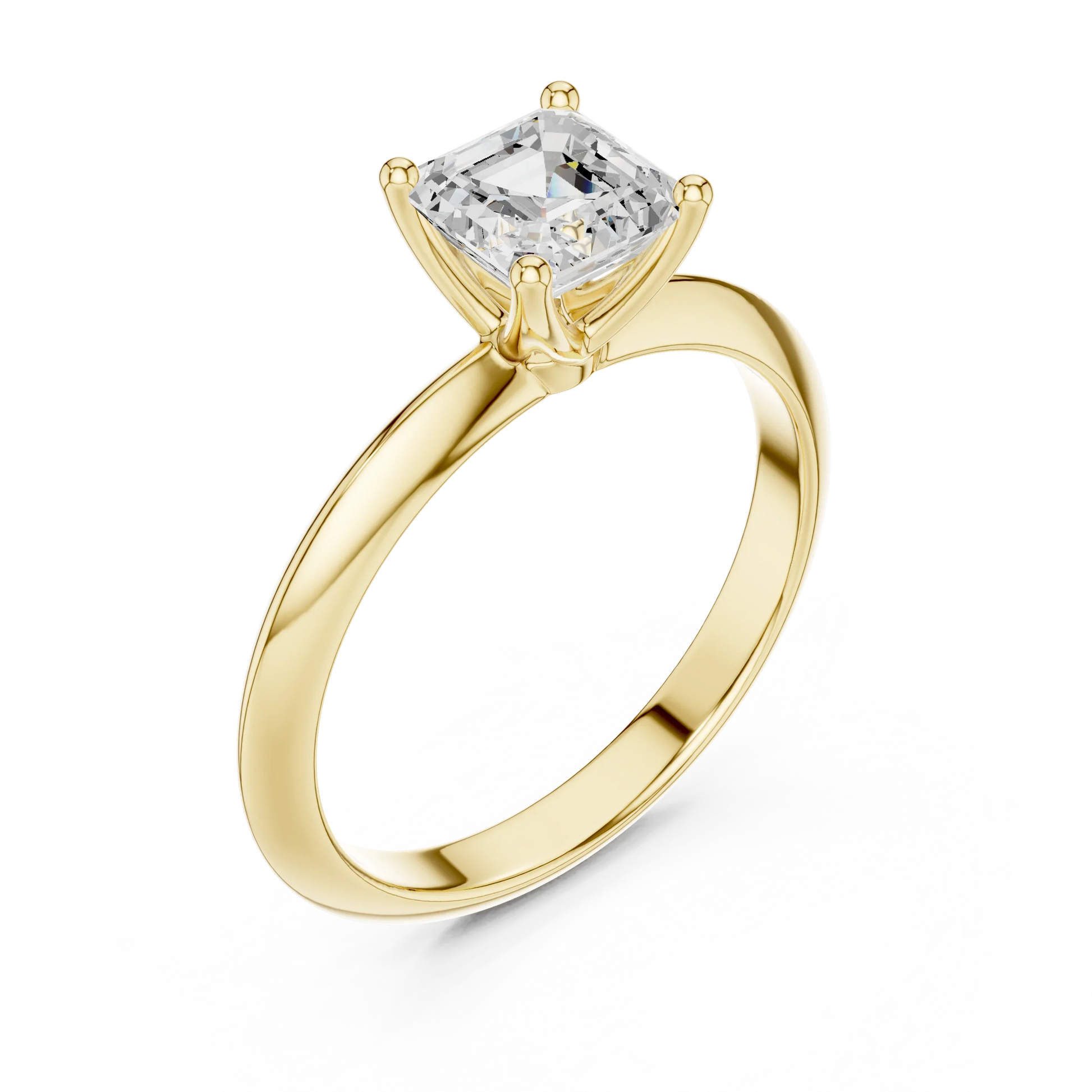 Front view of yellow gold Asscher diamond solitaire ring, emphasizing geometric cut