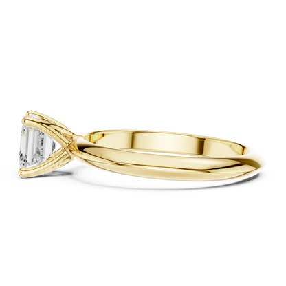 Side profile of yellow gold Asscher cut diamond solitaire ring, highlighting stone height