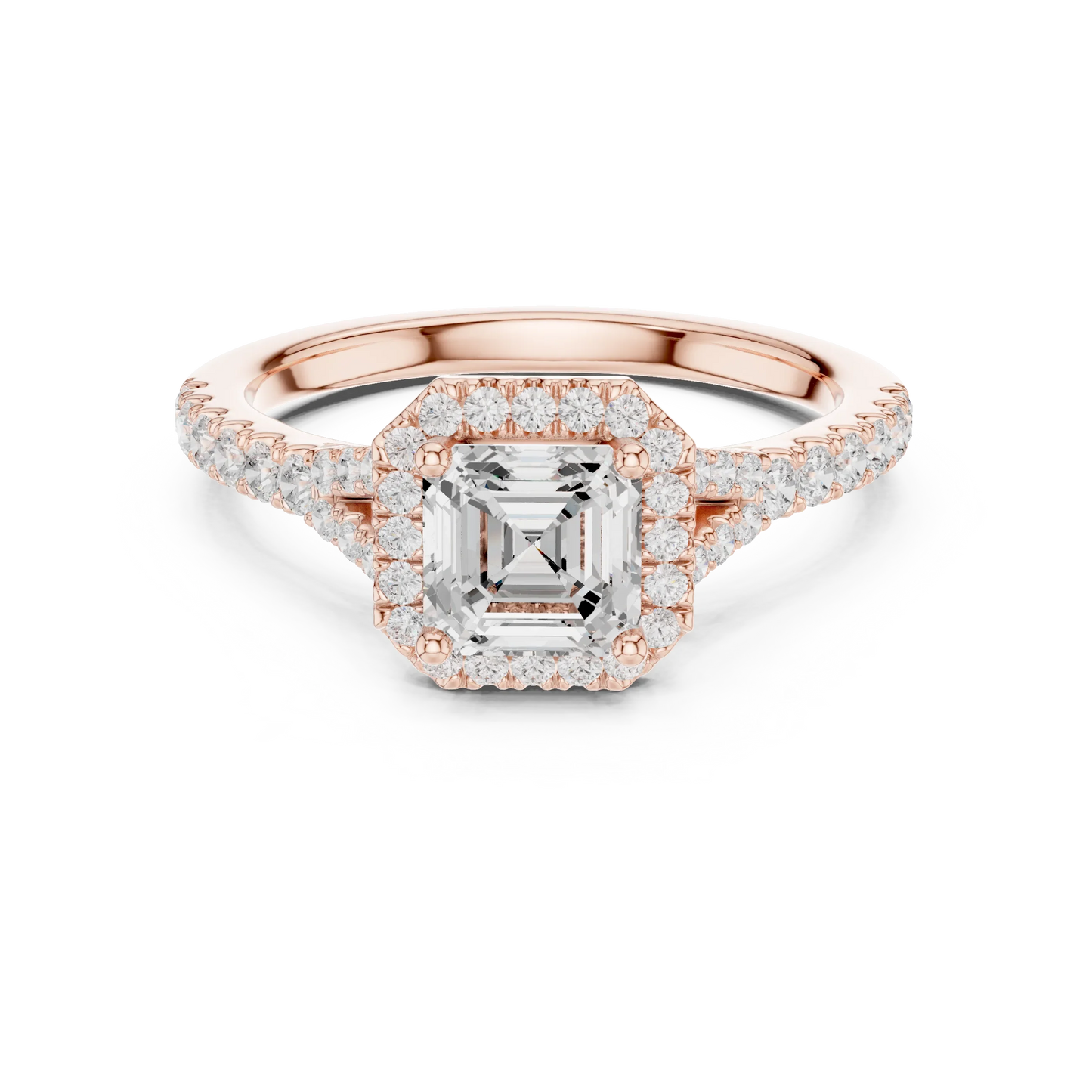 Lab-grown Asscher halo diamond ring in rose gold with pav茅 split shank band