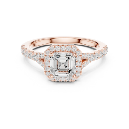 Lab-grown Asscher halo diamond ring in rose gold with pav茅 split shank band