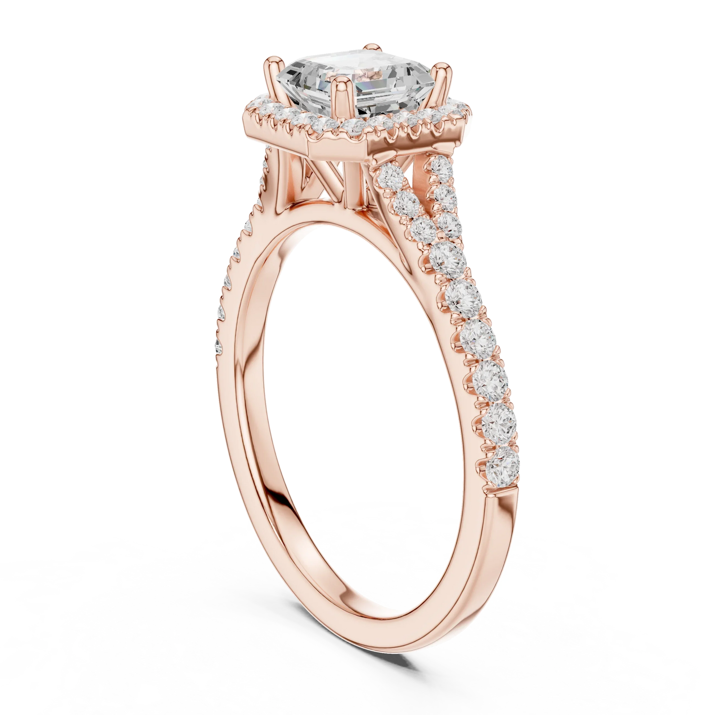 Back side view of rose gold Asscher halo ring showing pav茅 split shank band and setting details