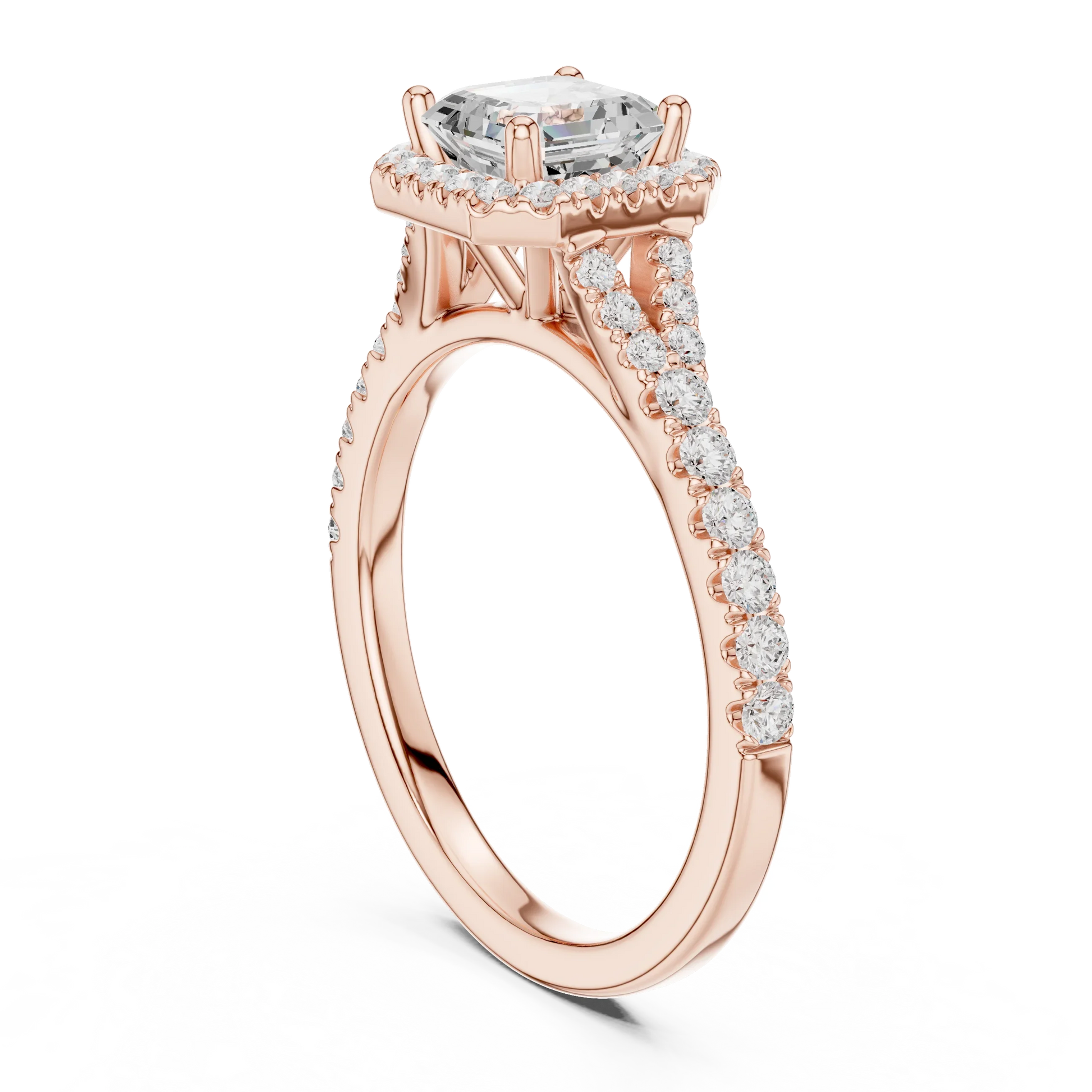Back side view of rose gold Asscher halo ring showing pav茅 split shank band and setting details