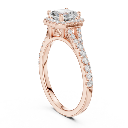 Back side view of rose gold Asscher halo ring showing pav茅 split shank band and setting details