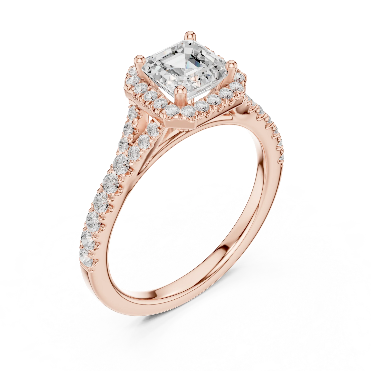 Front view of rose gold Asscher halo ring with pav茅 split shank band and center diamond