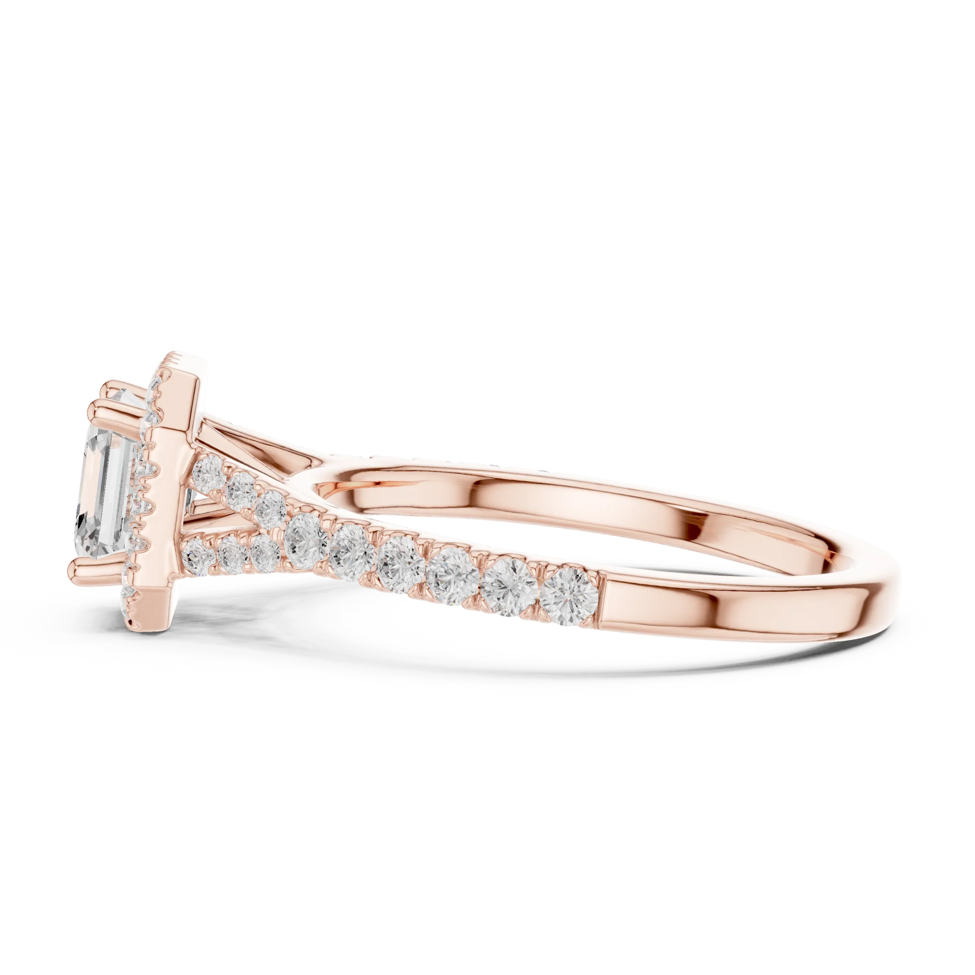 Side profile of rose gold Asscher halo ring with pav茅 split shank band and elevated halo setting