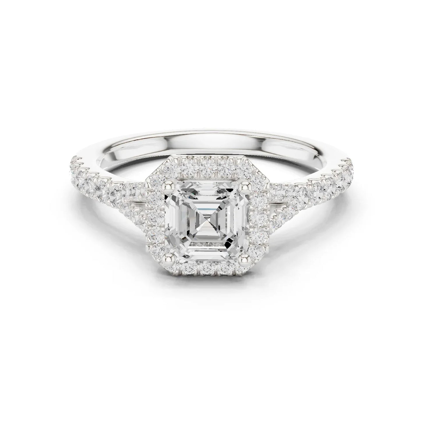 Lab-grown Asscher halo diamond ring in white gold with pav茅 split shank band