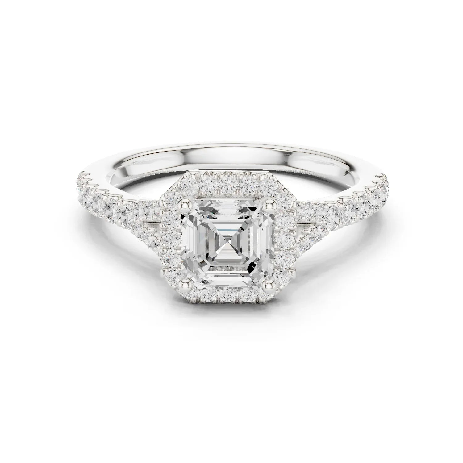 Lab-grown Asscher halo diamond ring in white gold with pav茅 split shank band