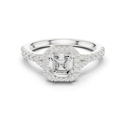 Lab-grown Asscher halo diamond ring in white gold with pav茅 split shank band
