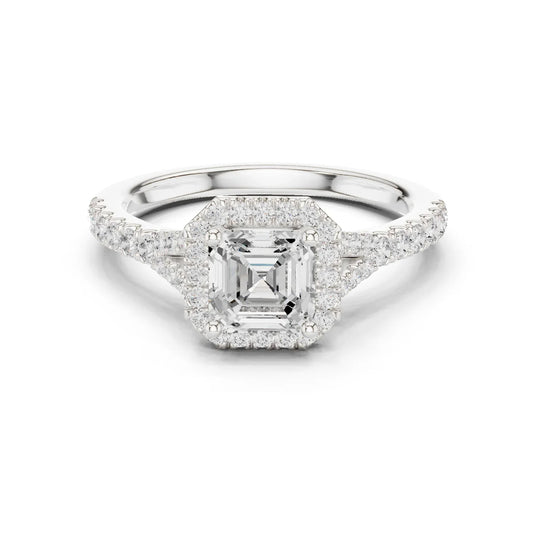 Lab-grown Asscher halo diamond ring in white gold with pav茅 split shank band