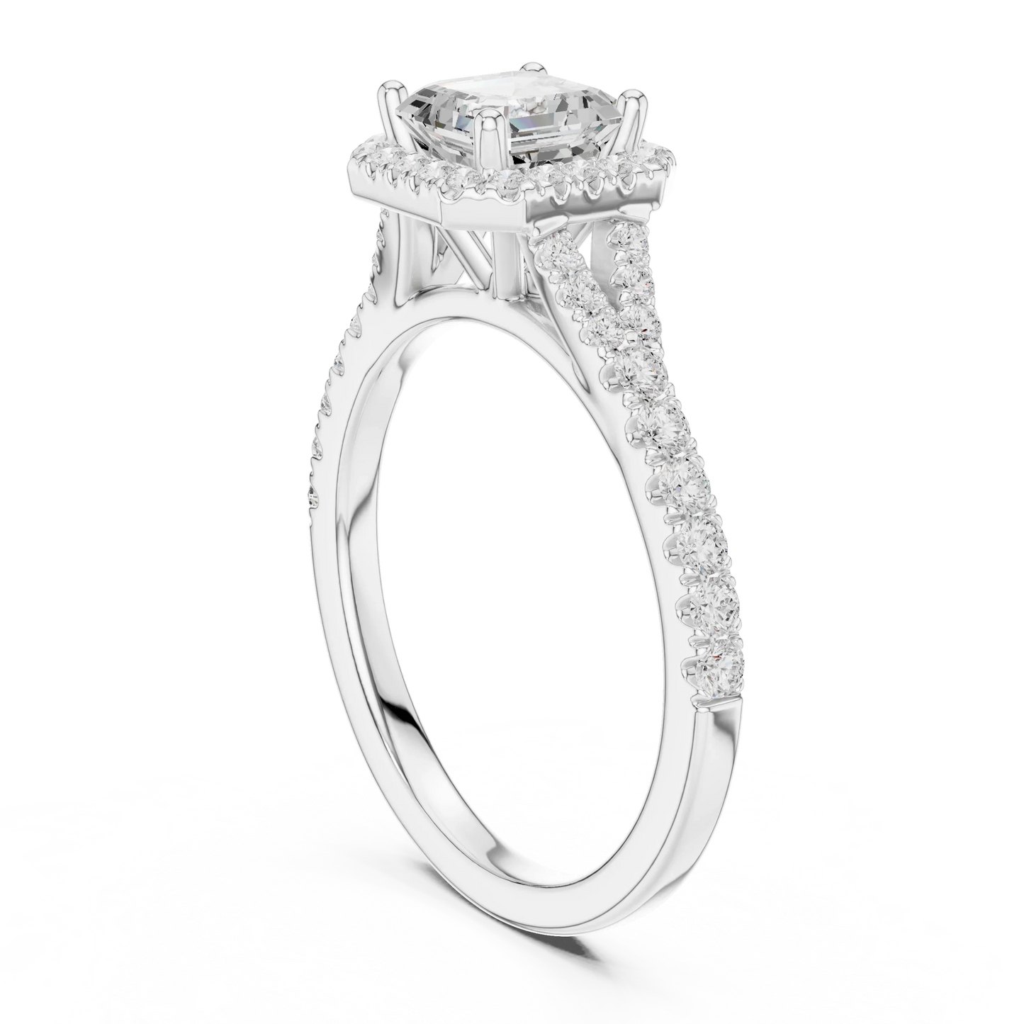Back side view of white gold Asscher halo ring showing pav茅 split shank band and setting details