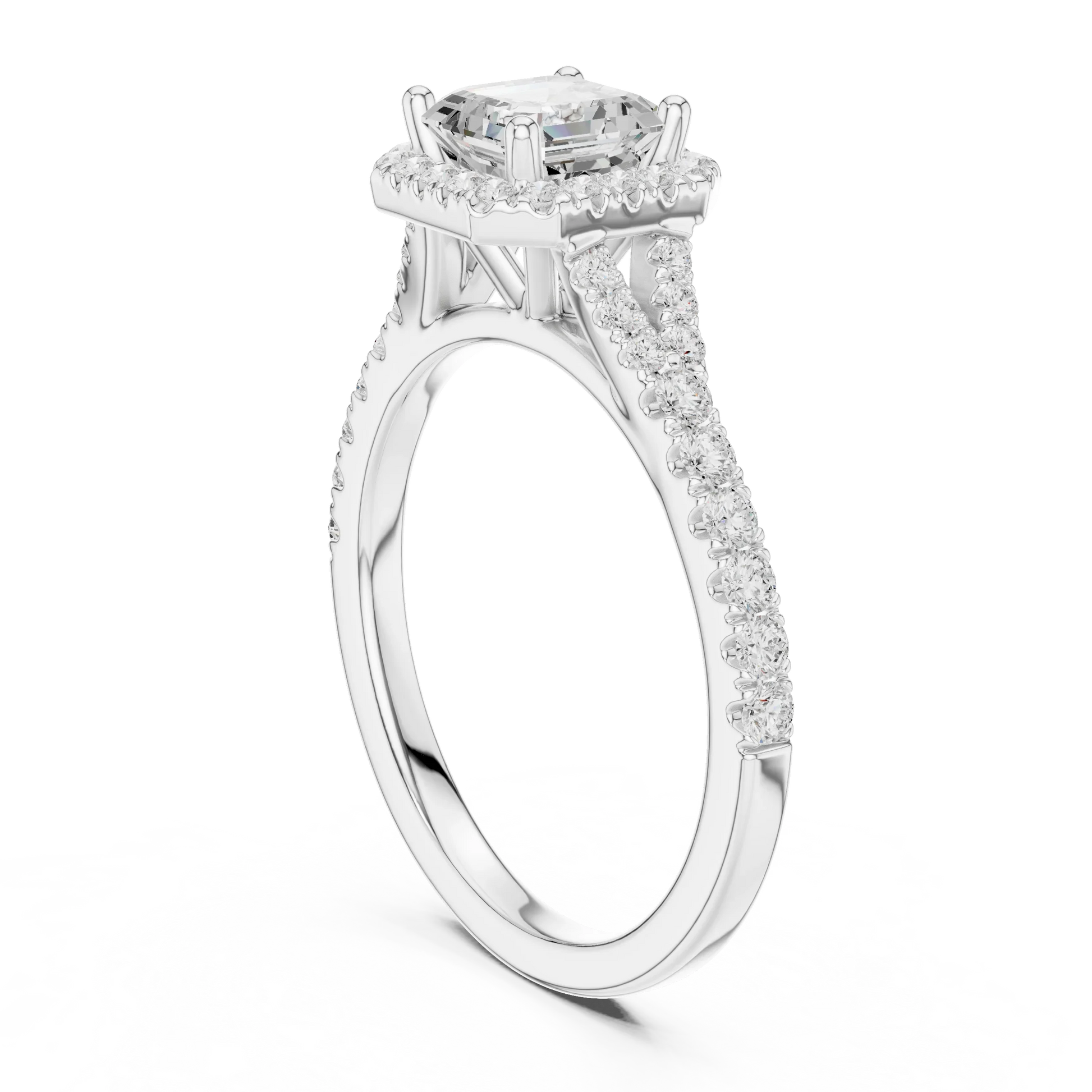 Back side view of white gold Asscher halo ring showing pav茅 split shank band and setting details