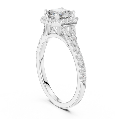 Back side view of white gold Asscher halo ring showing pav茅 split shank band and setting details