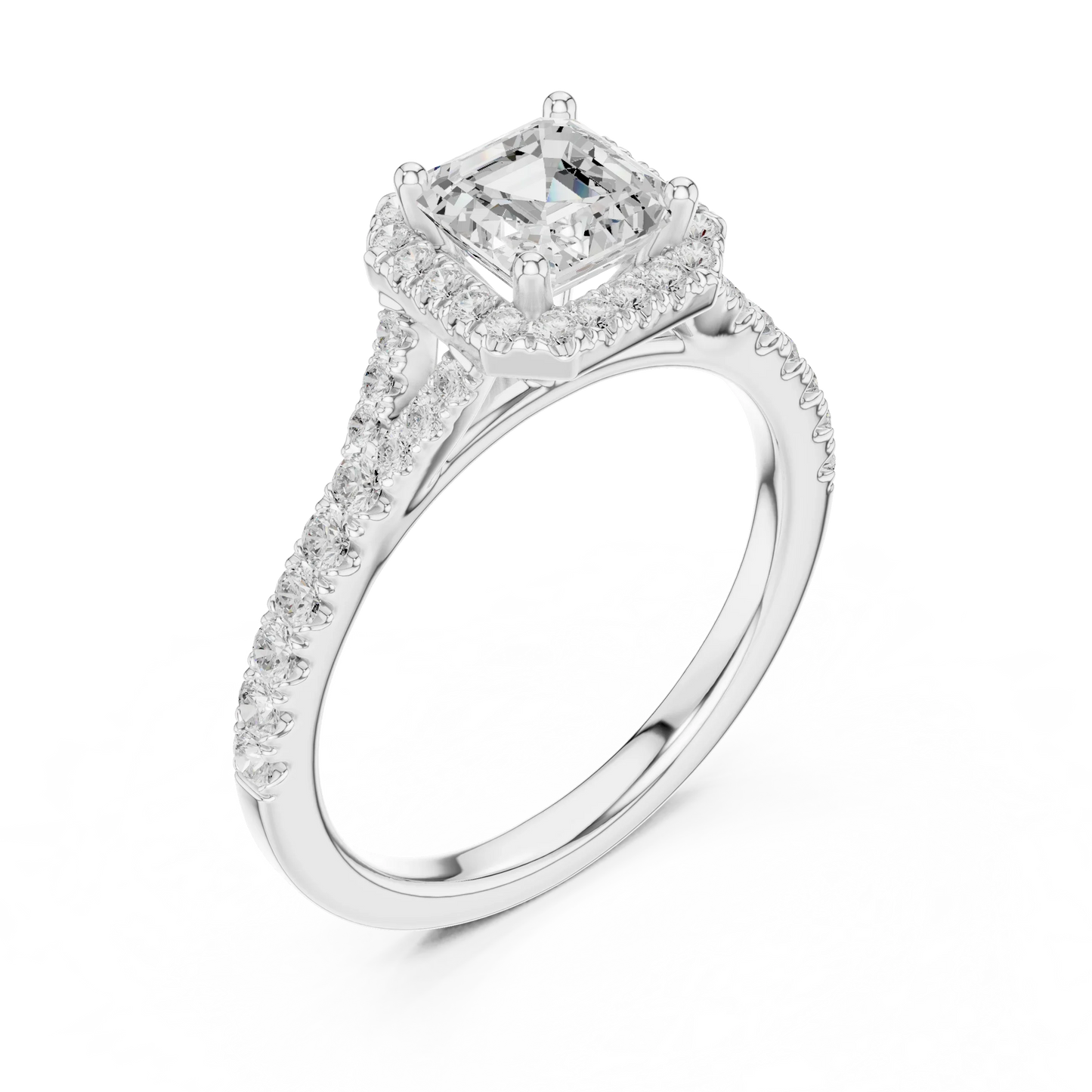 Front view of white gold Asscher halo ring with pav茅 split shank band and center diamond