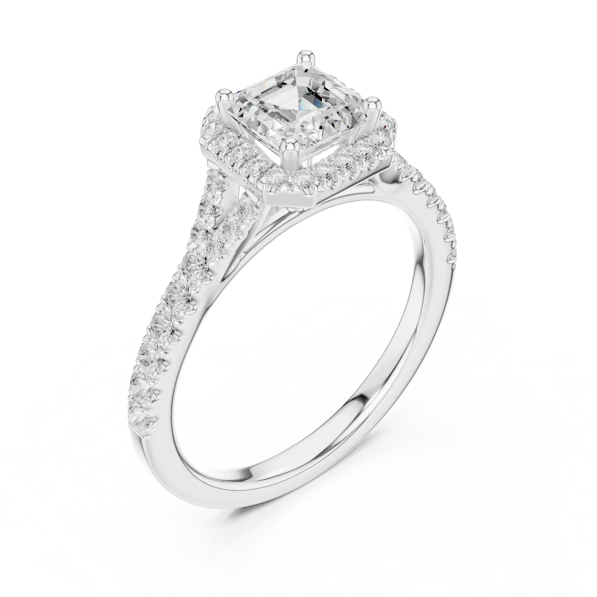 Front view of white gold Asscher halo ring with pav茅 split shank band and center diamond