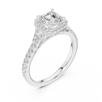 Front view of white gold Asscher halo ring with pav茅 split shank band and center diamond