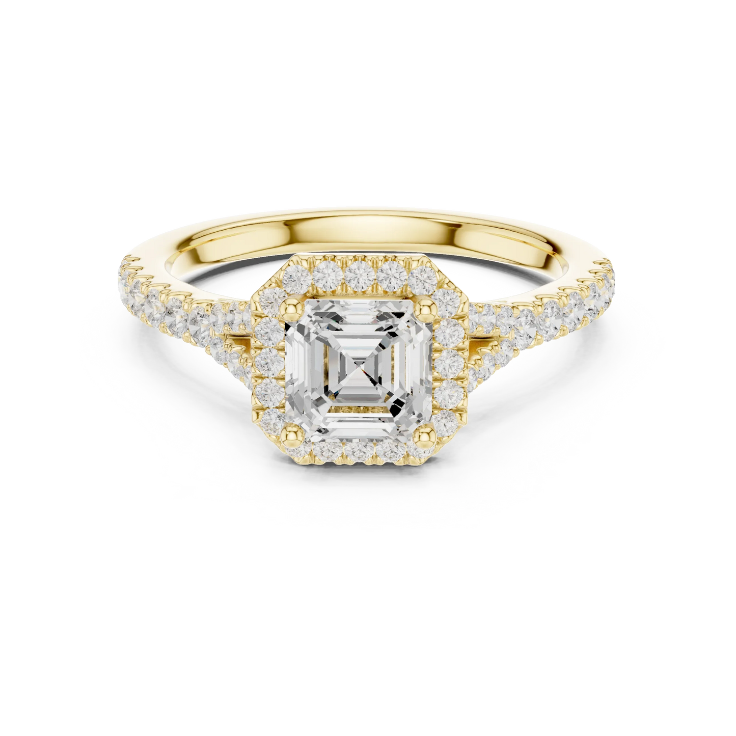 Lab-grown Asscher halo diamond ring in yellow gold with pav茅 split shank band