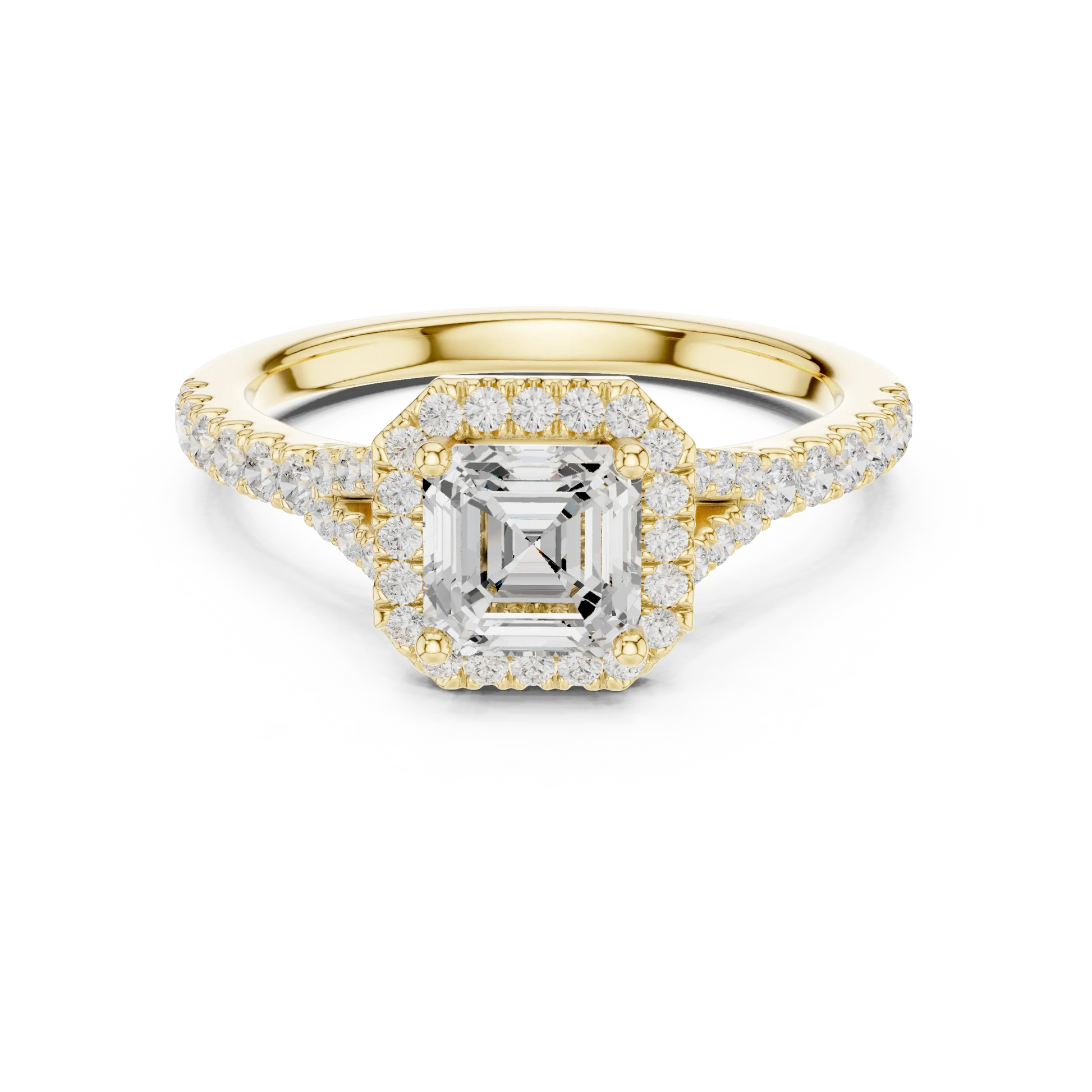 Lab-grown Asscher halo diamond ring in yellow gold with pav茅 split shank band