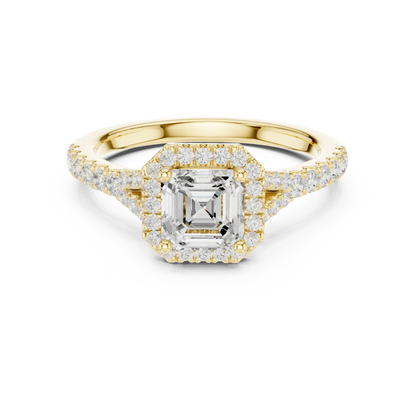 Lab-grown Asscher halo diamond ring in yellow gold with pav茅 split shank band