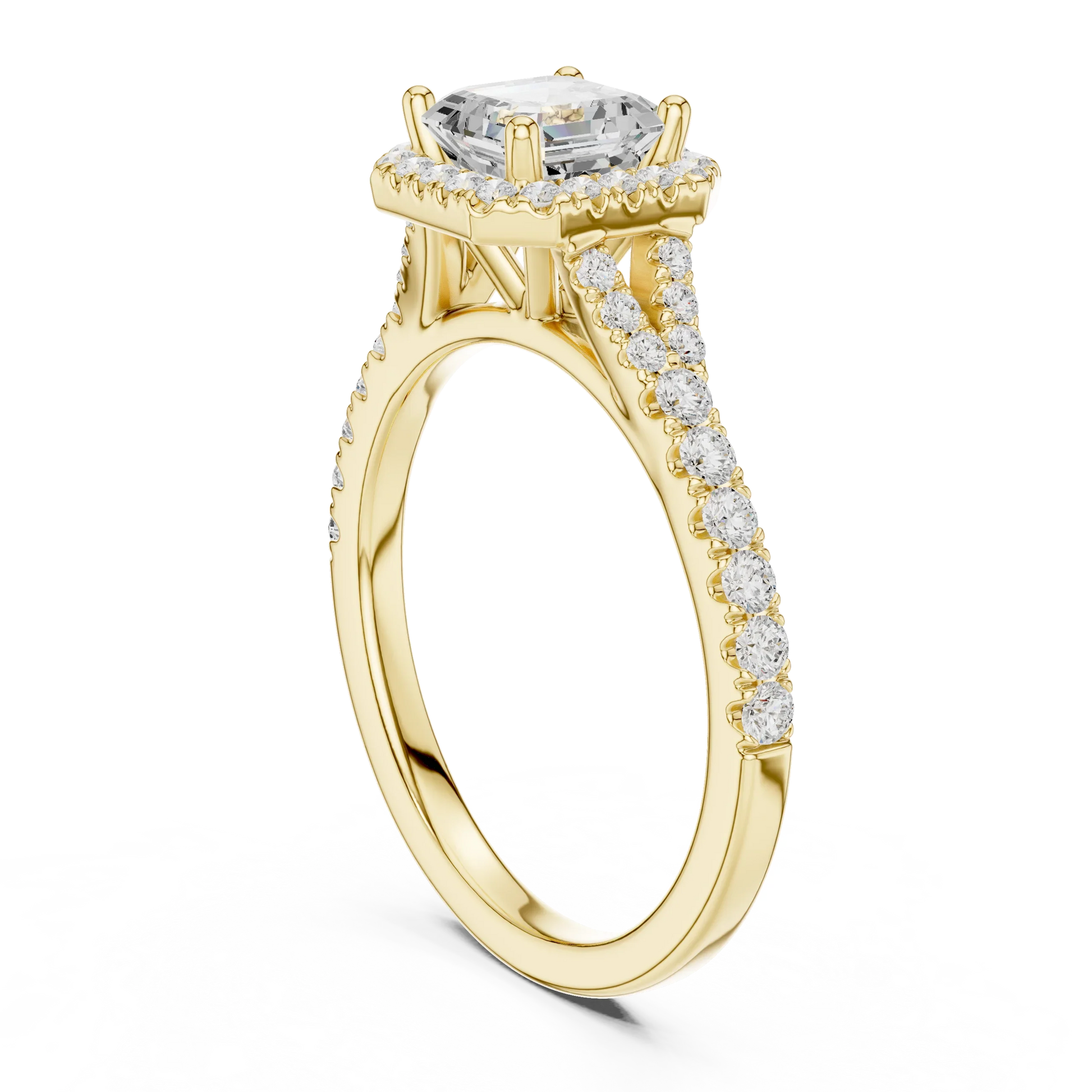 Back side view of yellow gold Asscher halo ring showing pav茅 split shank band and setting structure