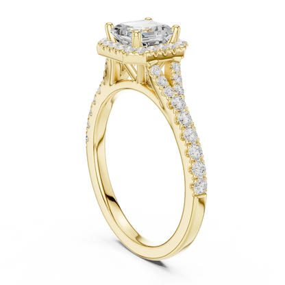 Back side view of yellow gold Asscher halo ring showing pav茅 split shank band and setting structure