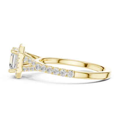 Side view of yellow gold Asscher halo ring with pav茅 split shank band and halo setting