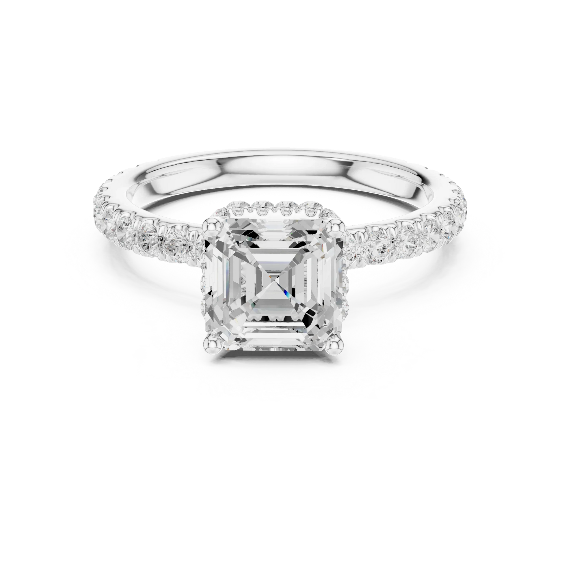 Asscher hidden halo ring in white gold with pave diamond band and lab-grown diamond 鈥?Australia