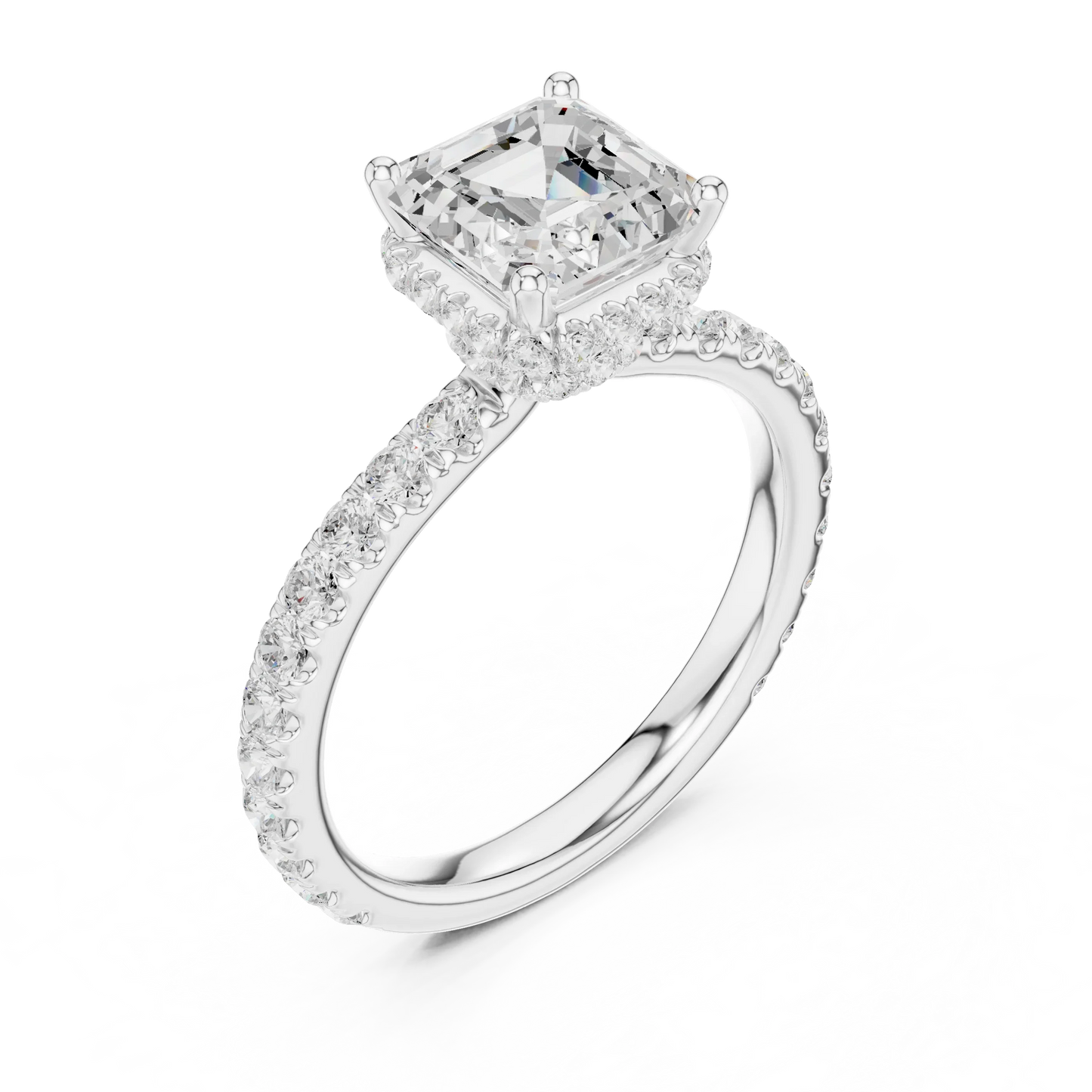 Back view of white gold Asscher hidden halo ring with pave diamond band and lab-grown diamond 鈥?Australia