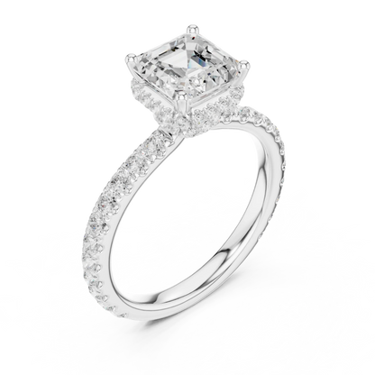 Back view of white gold Asscher hidden halo ring with pave diamond band and lab-grown diamond 鈥?Australia