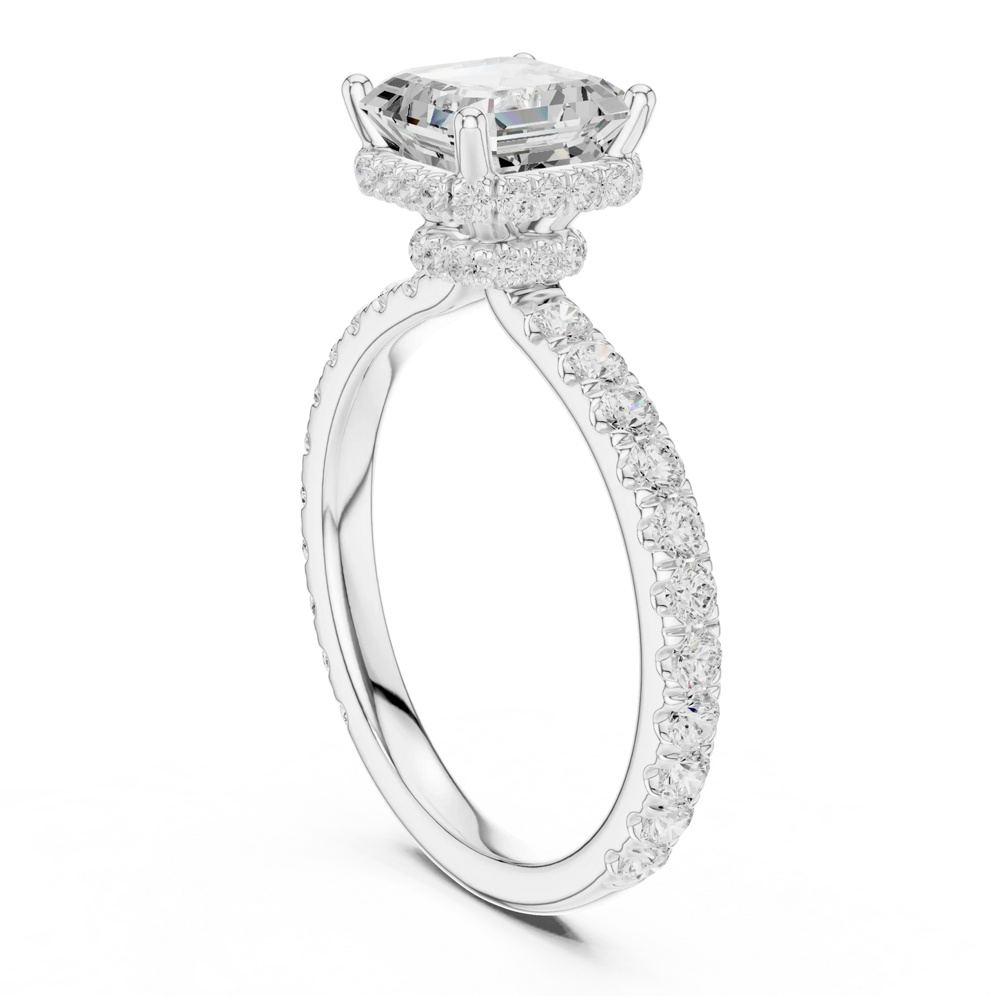 Back view of white gold Asscher hidden halo ring with pave diamond band and lab-grown diamond 鈥?Australia