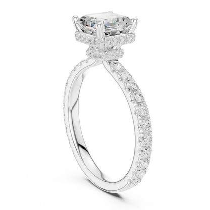 Back view of white gold Asscher hidden halo ring with pave diamond band and lab-grown diamond 鈥?Australia