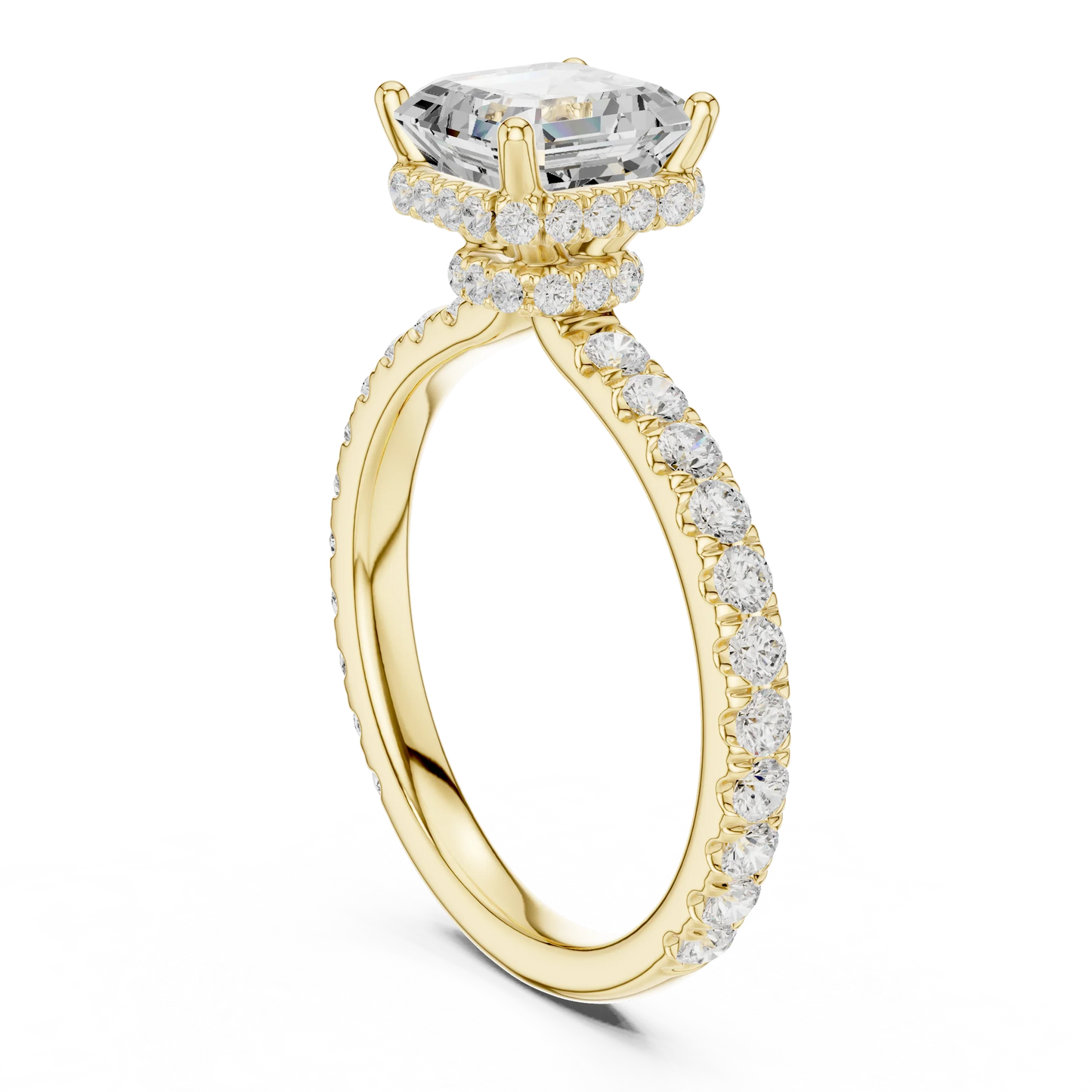 Back view of yellow gold Asscher hidden halo ring with pave diamond band and lab-grown diamond 鈥?Australia