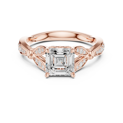Asscher solitaire ring in rose gold with floral milgrain pave band and lab-grown diamond – Australia