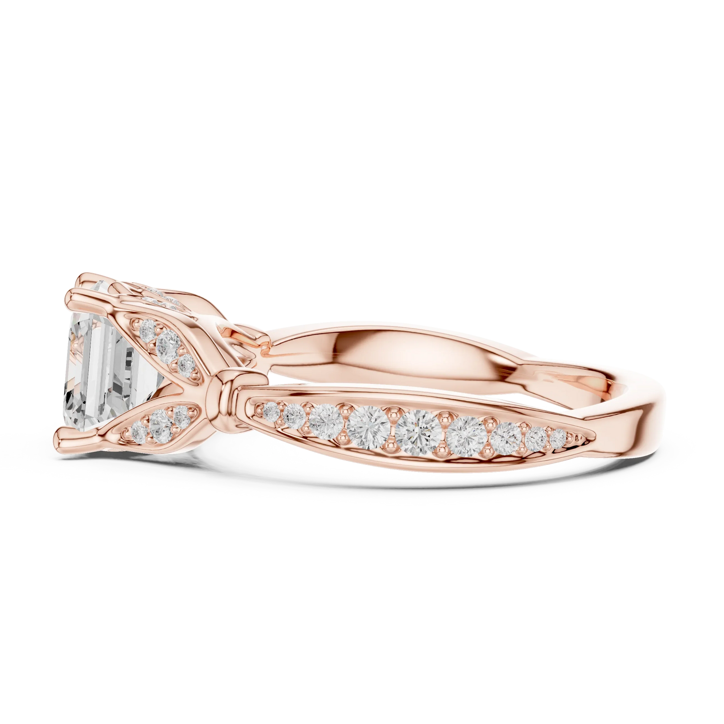 Side view of rose gold Asscher solitaire ring with floral milgrain pave band and lab-grown diamond – Australia