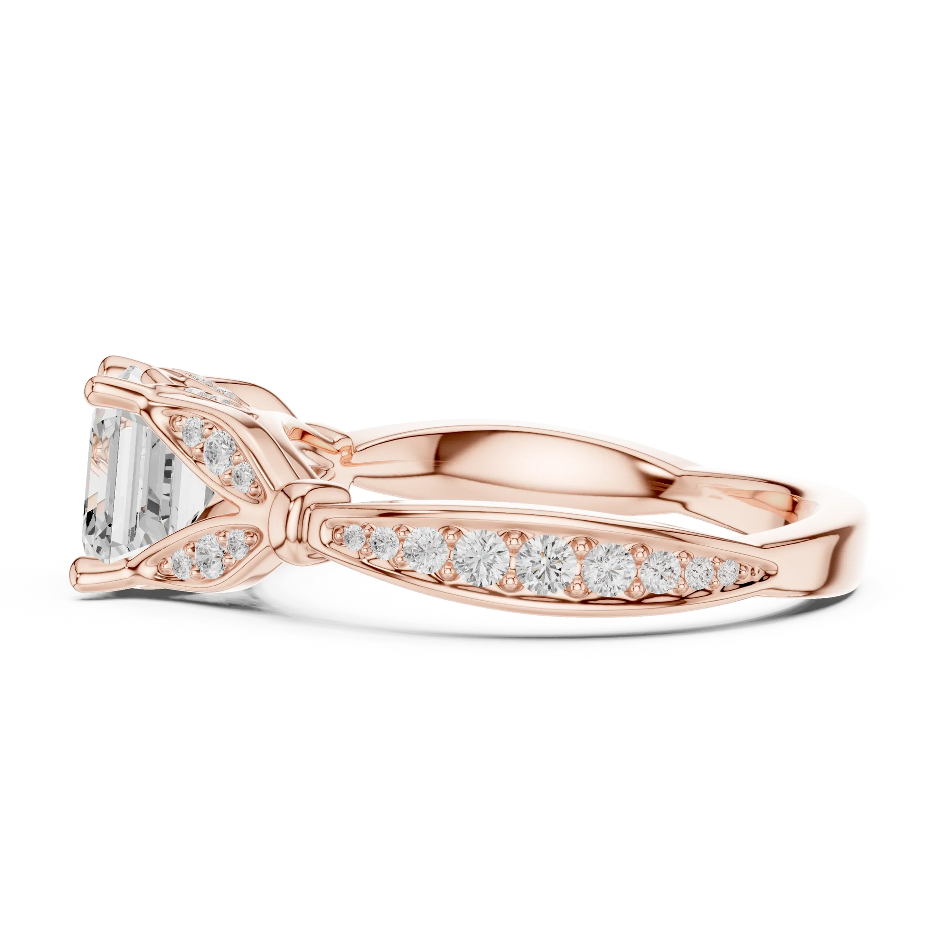 Side view of rose gold Asscher solitaire ring with floral milgrain pave band and lab-grown diamond – Australia