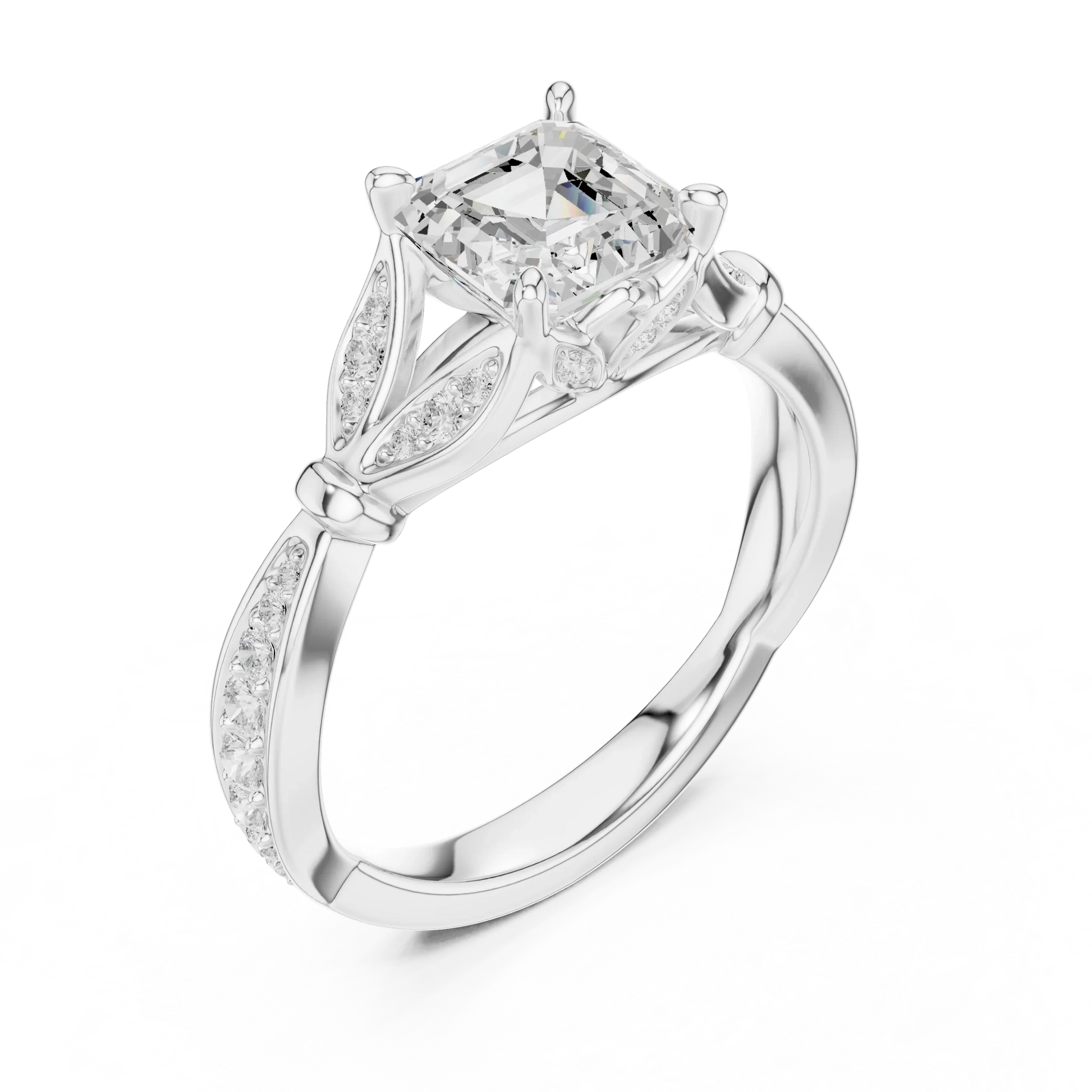 Front view of white gold Asscher solitaire ring with floral milgrain pave band and lab-grown diamond – Australia