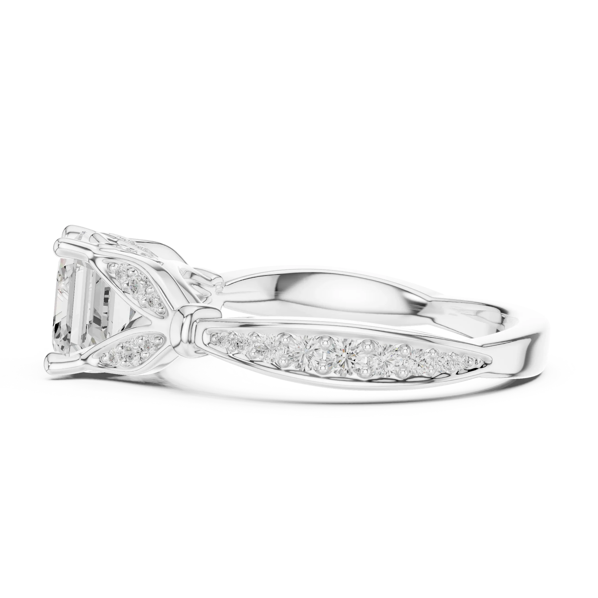Side view of white gold Asscher solitaire ring with floral milgrain pave band and lab-grown diamond – Australia