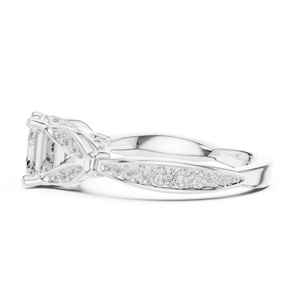 Side view of white gold Asscher solitaire ring with floral milgrain pave band and lab-grown diamond – Australia
