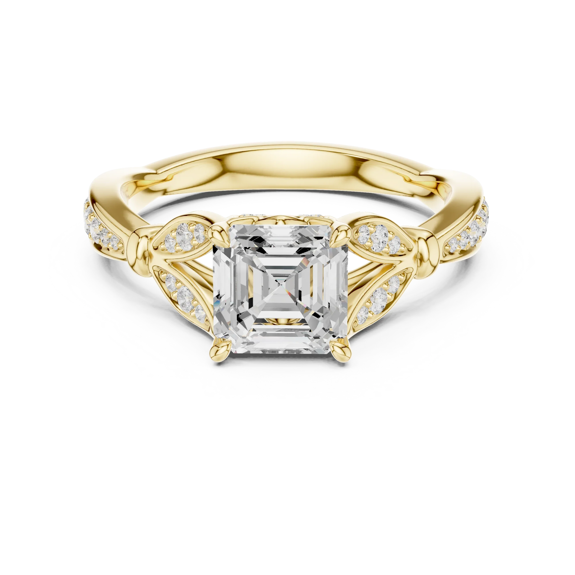 Asscher solitaire ring in yellow gold with floral milgrain pave band and lab-grown diamond – Australia