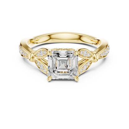Asscher solitaire ring in yellow gold with floral milgrain pave band and lab-grown diamond – Australia