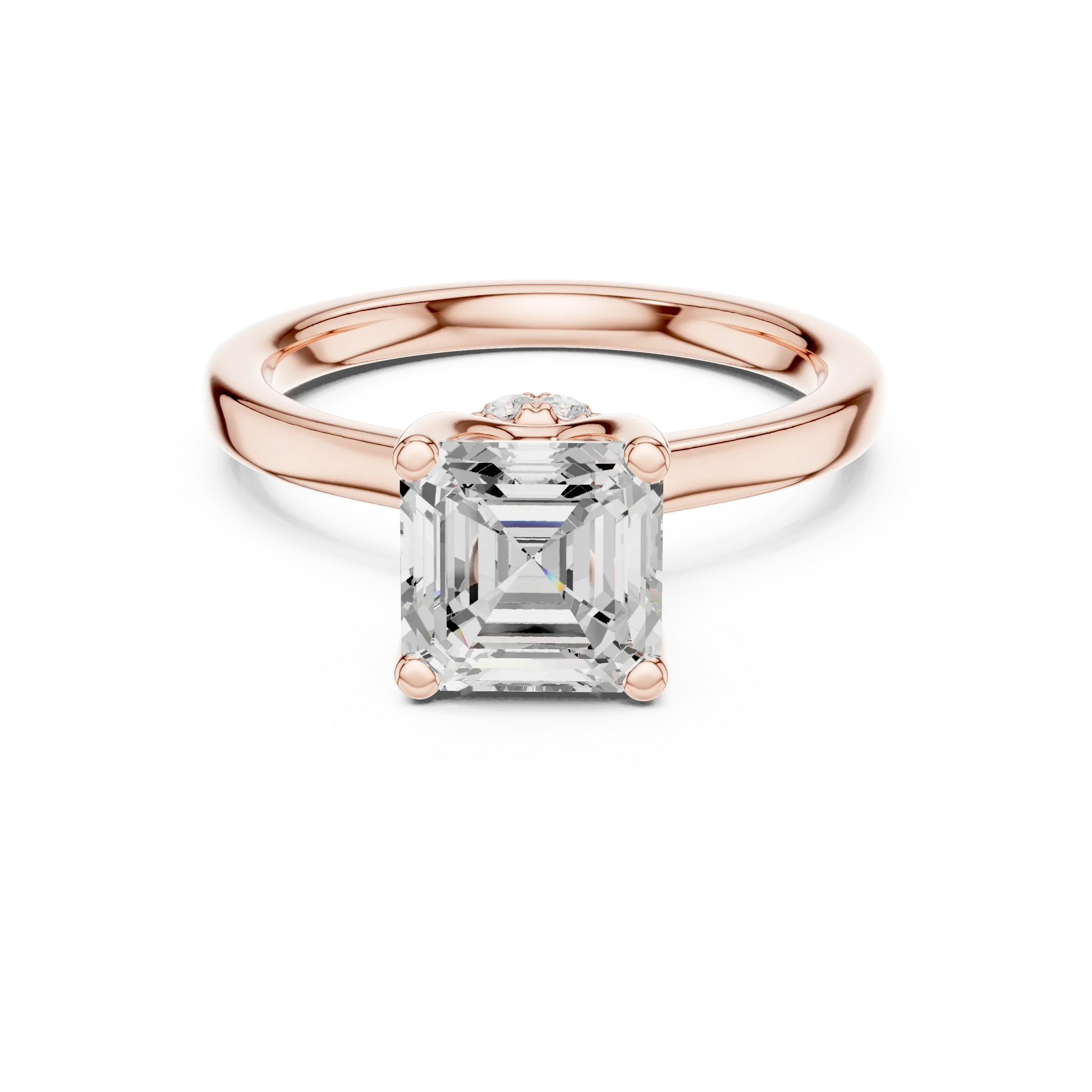 Rose gold Asscher cut solitaire ring with hidden halo and domed band featuring lab-grown diamond, modern vintage look