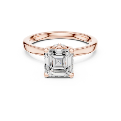 Rose gold Asscher cut solitaire ring with hidden halo and domed band featuring lab-grown diamond, modern vintage look