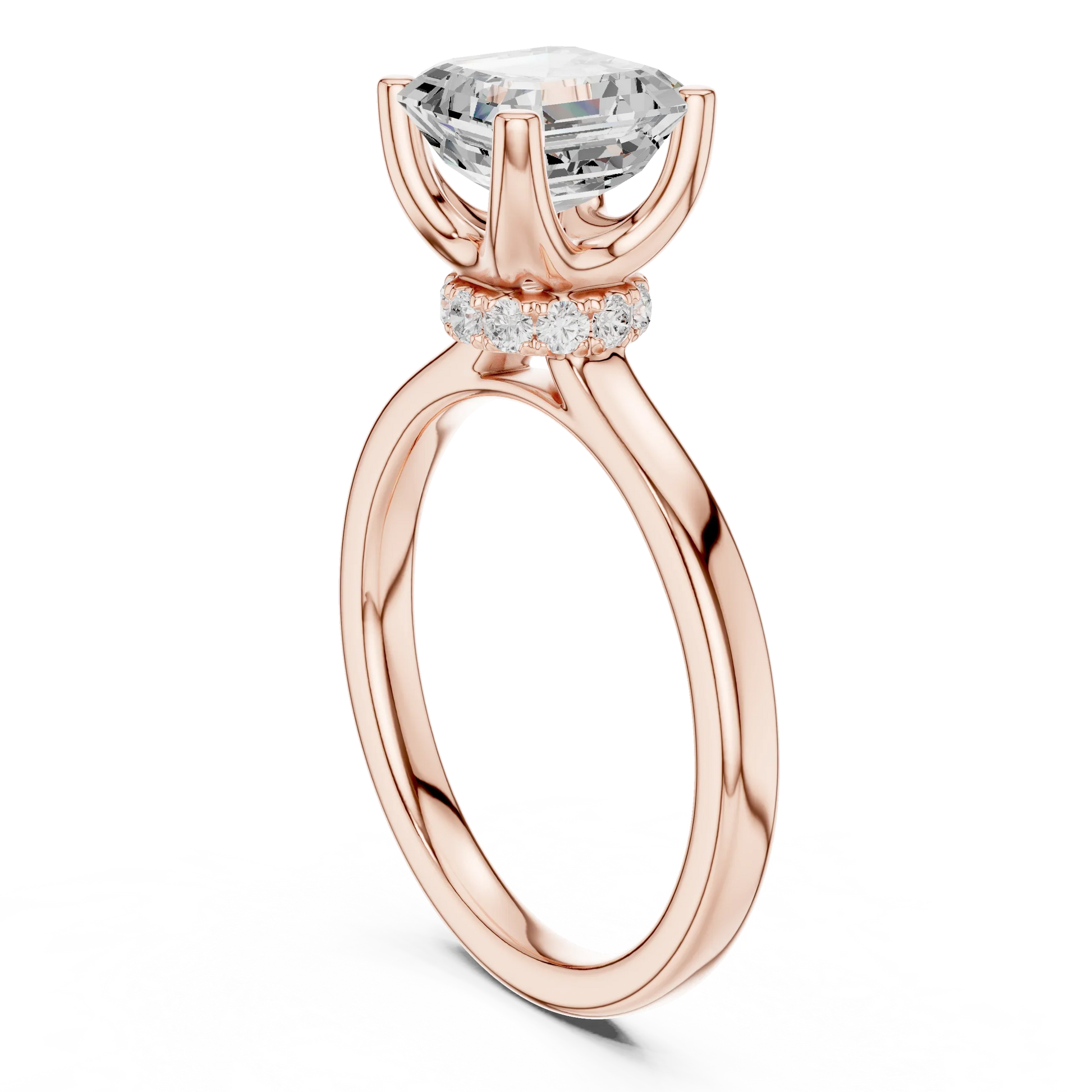Back view of rose gold Asscher cut solitaire ring showing hidden halo and domed band structure