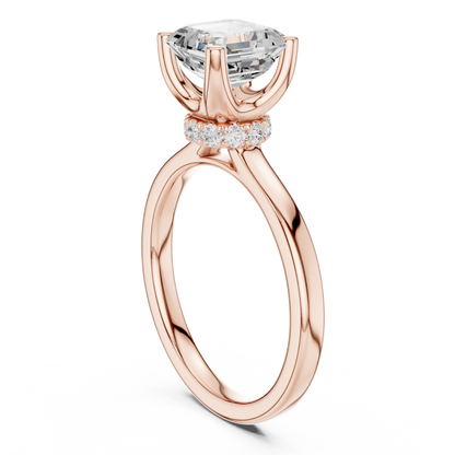 Back view of rose gold Asscher cut solitaire ring showing hidden halo and domed band structure