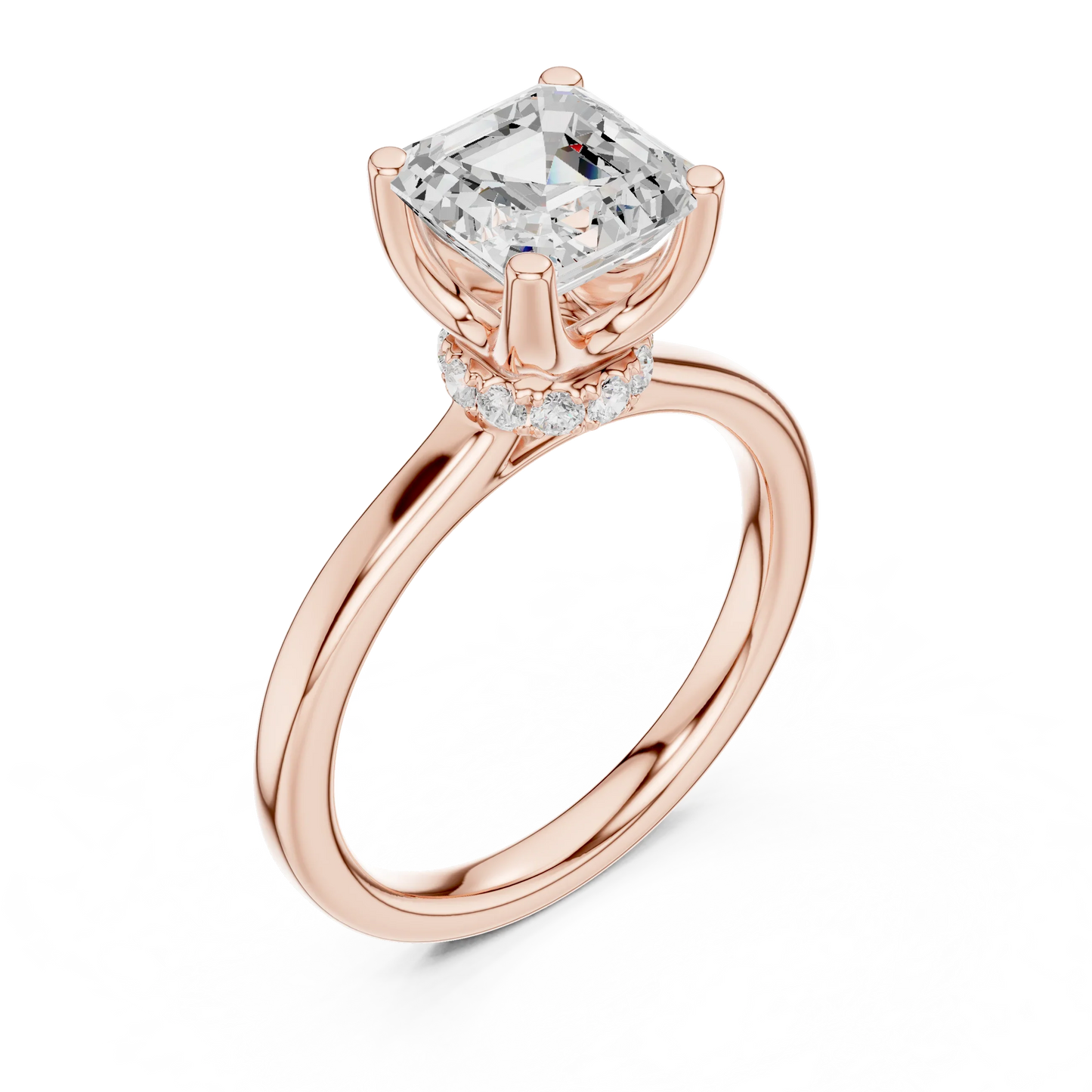 Front view of rose gold Asscher cut solitaire ring with hidden halo and domed band and lab-created diamond