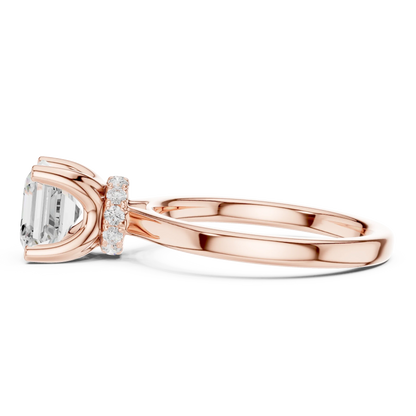 Side view of rose gold Asscher cut solitaire ring highlighting hidden halo and domed band design